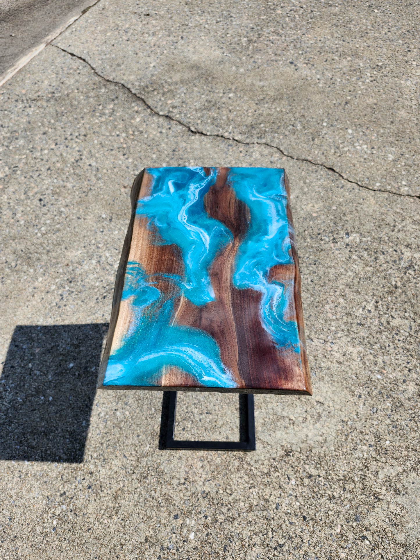 Black Walnut Aqua Swirl "C" Table, double live edge, with outlets