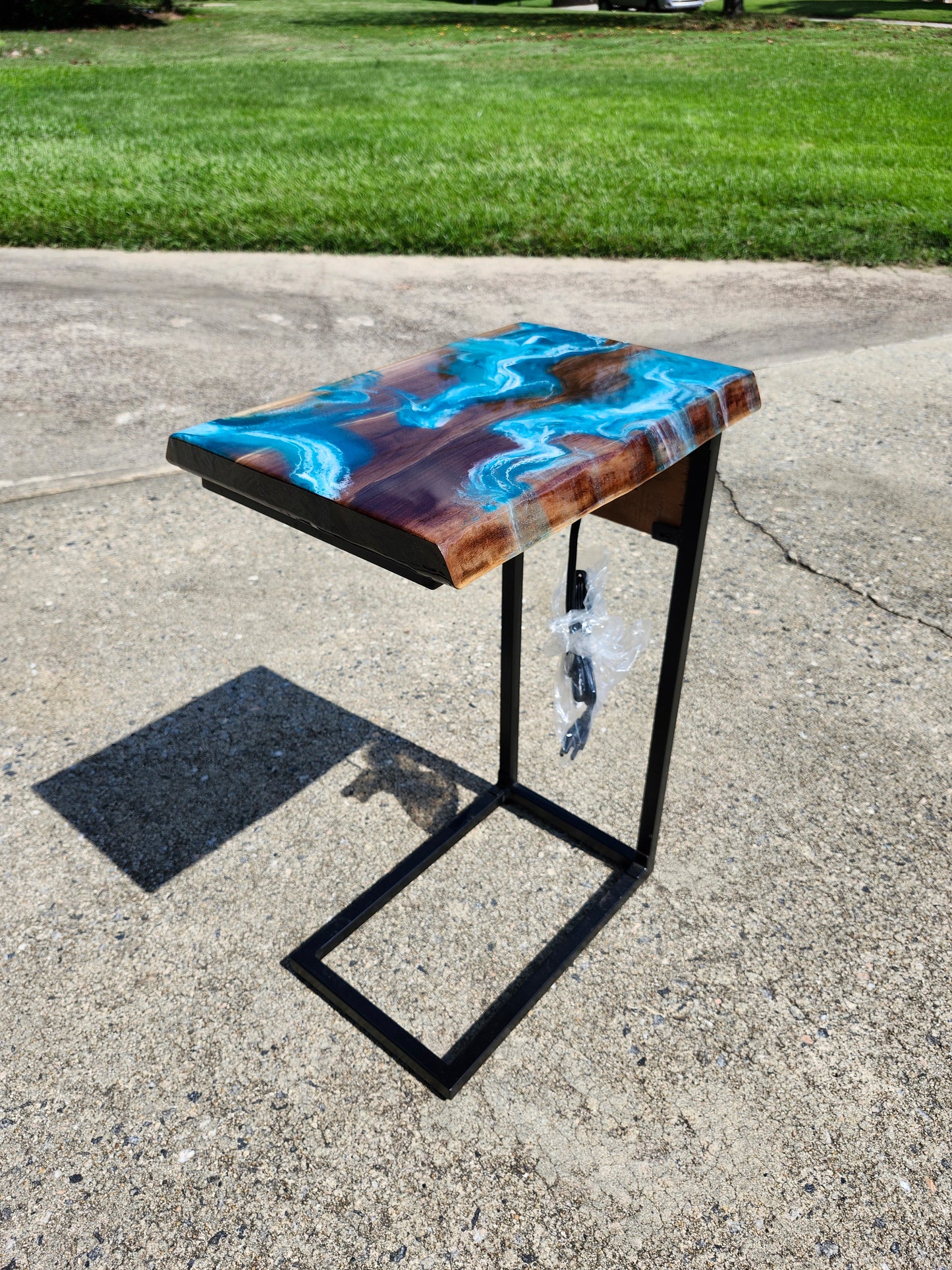 Black Walnut Aqua Swirl "C" Table, double live edge, with outlets
