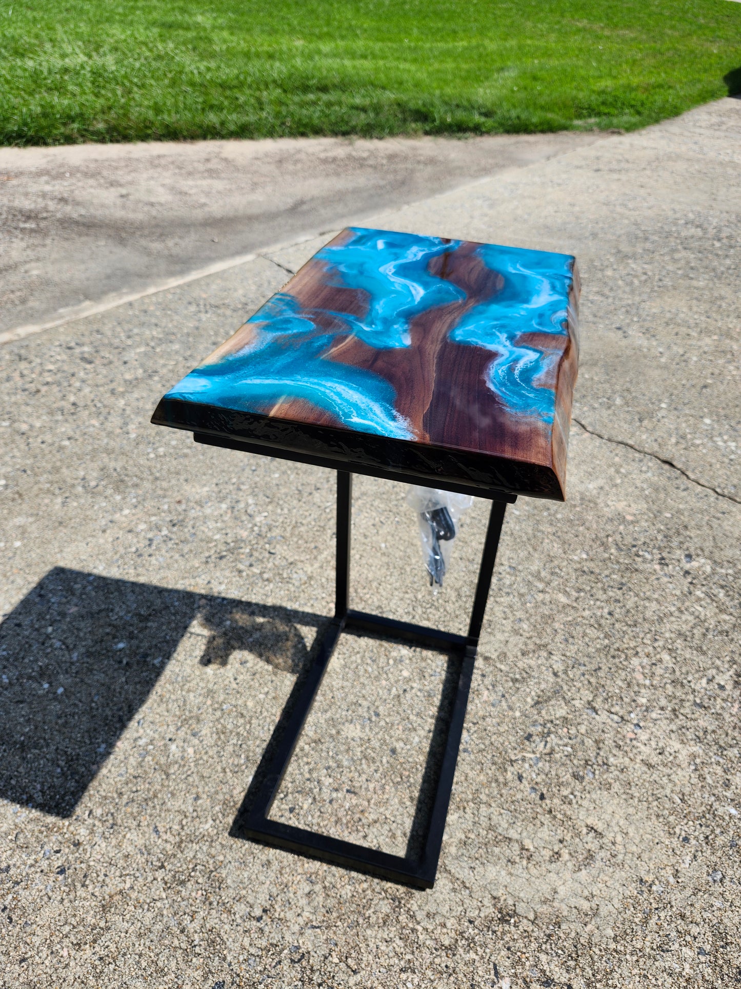 Black Walnut Aqua Swirl "C" Table, double live edge, with outlets