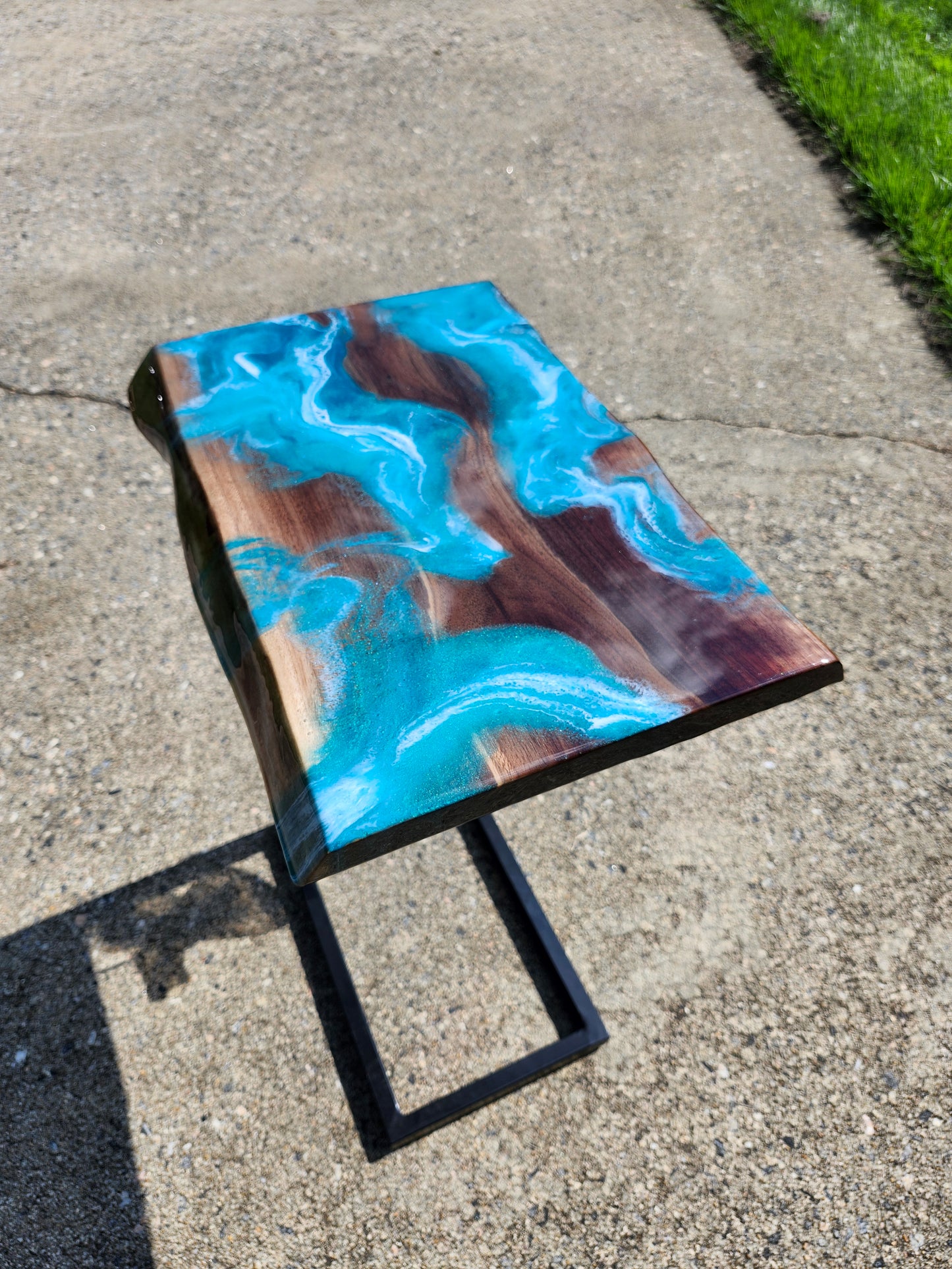 Black Walnut Aqua Swirl "C" Table, double live edge, with outlets
