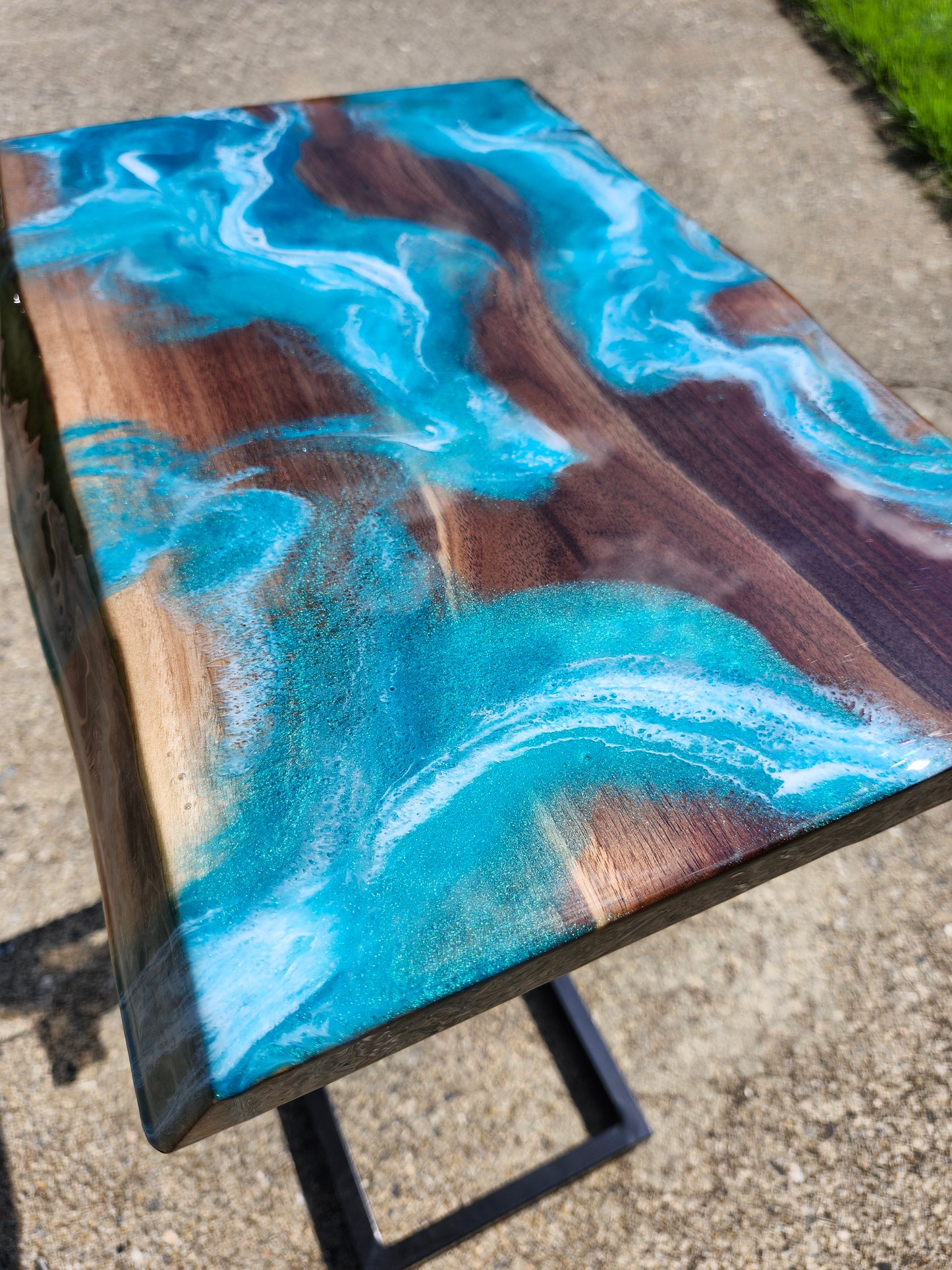 Black Walnut Aqua Swirl "C" Table, double live edge, with outlets