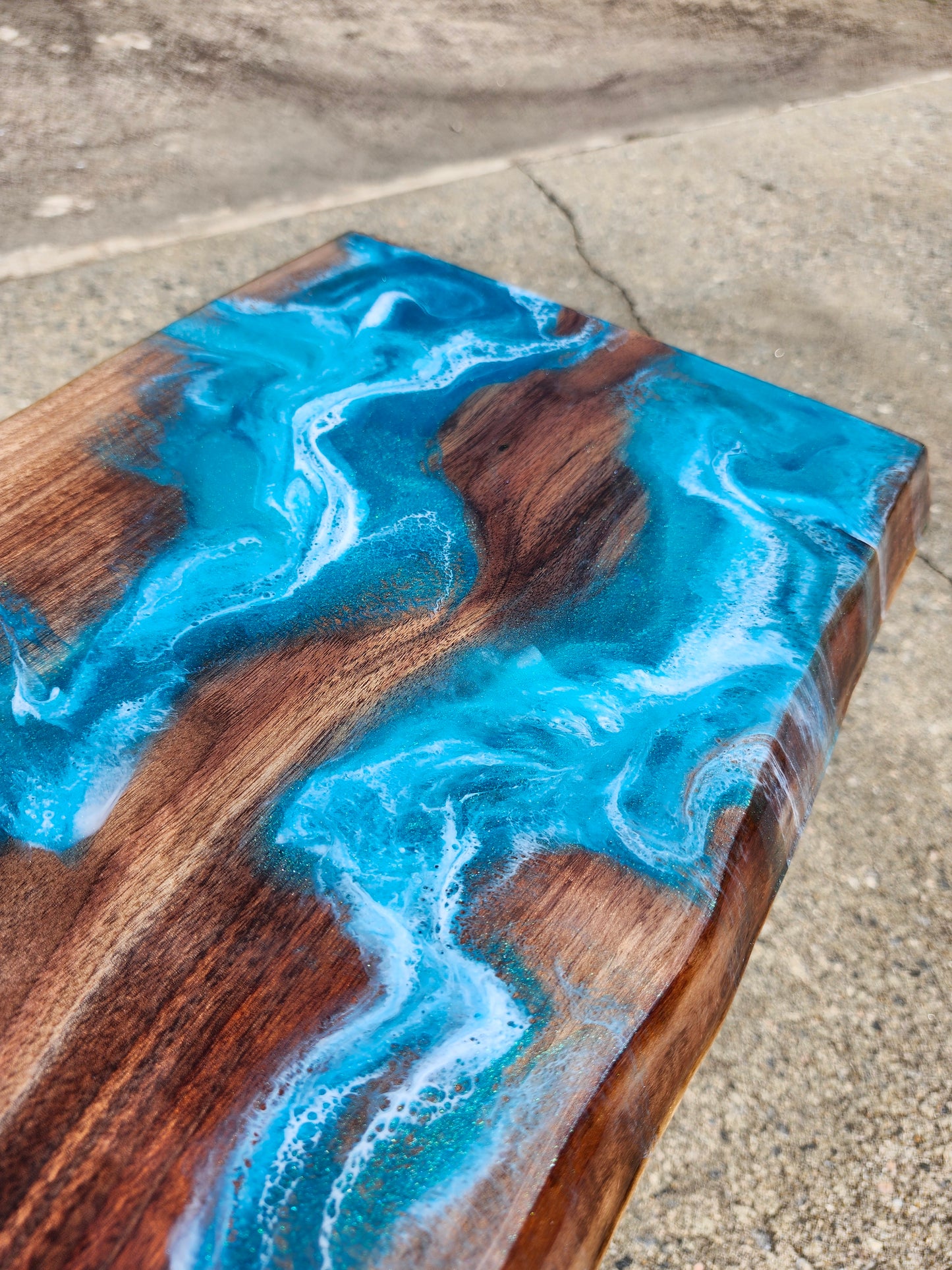 Black Walnut Aqua Swirl "C" Table, double live edge, with outlets