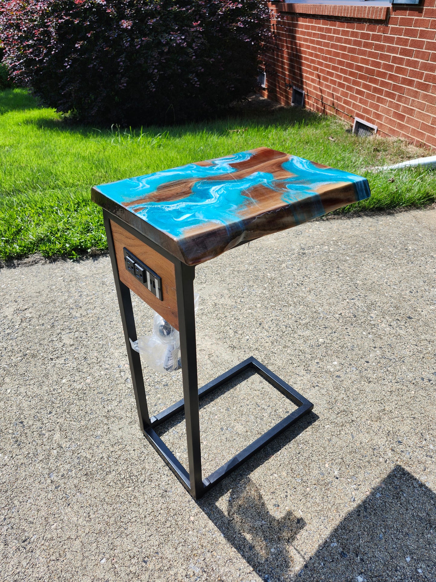 Black Walnut Aqua Swirl "C" Table, double live edge, with outlets