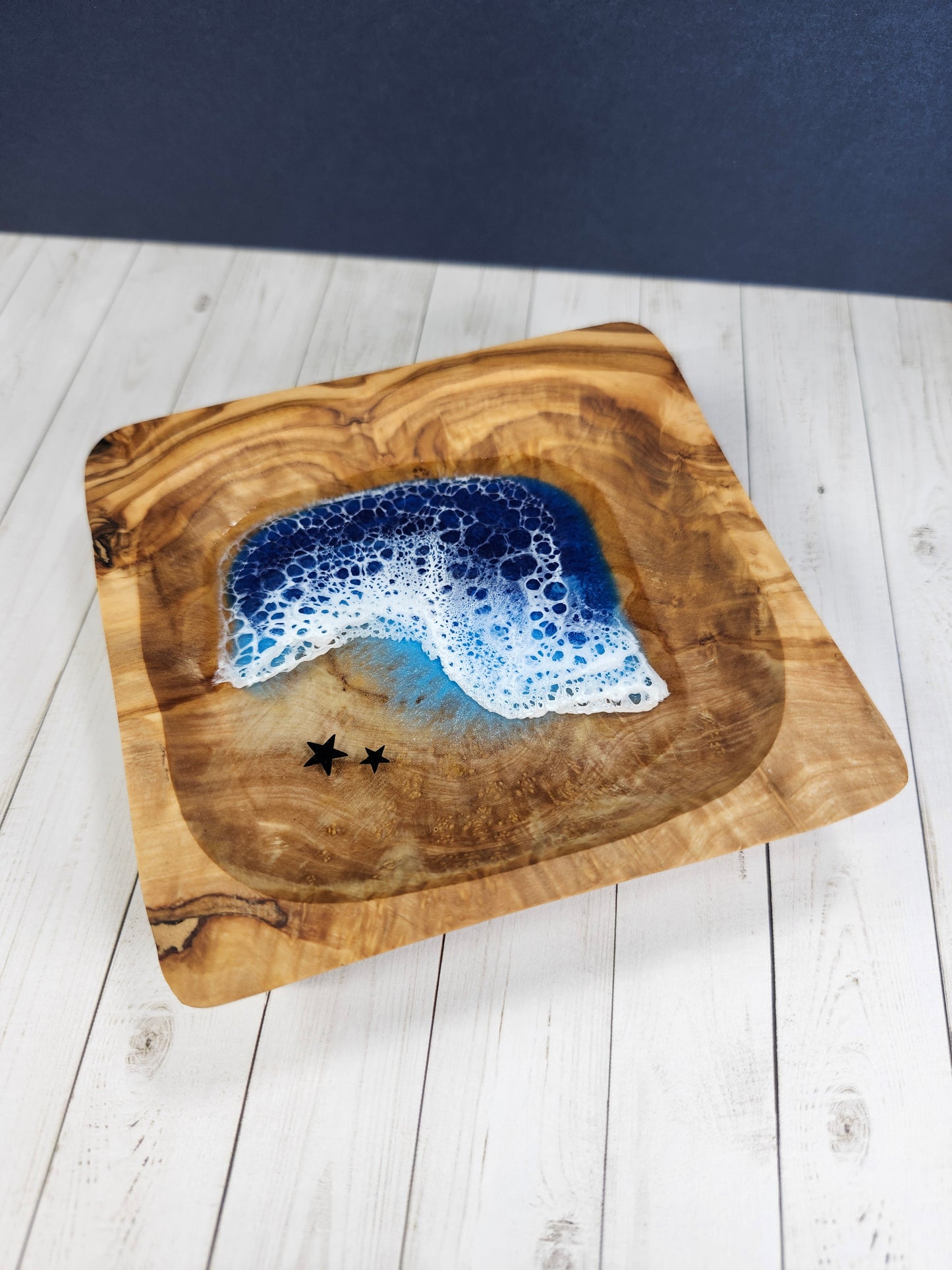 Small Olive Wood Square with Sea Stars