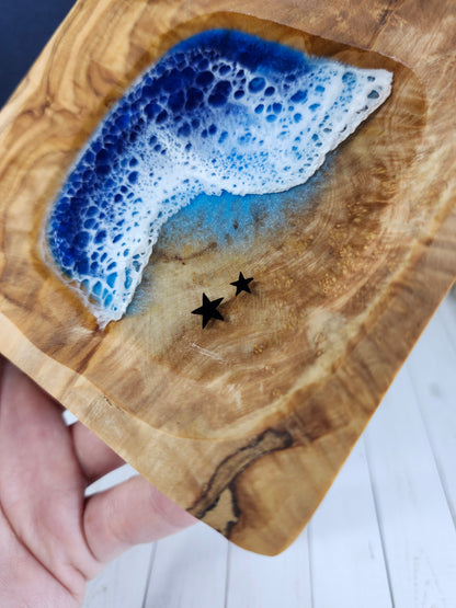 Small Olive Wood Square with Sea Stars