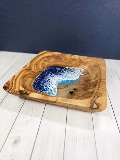 Small Olive Wood Square with Sea Stars