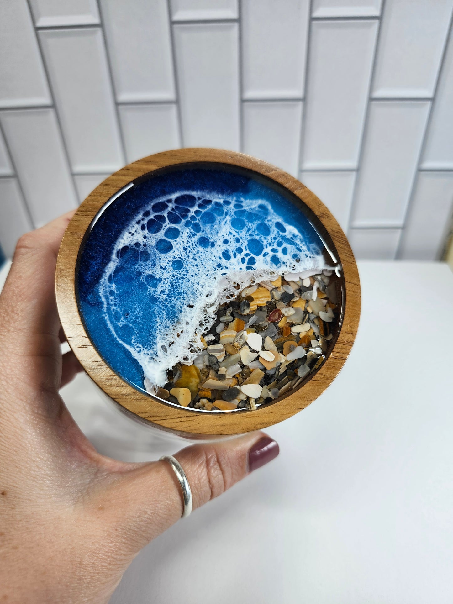 Glass Jar Pacific Blue Ocean with Crushed Shells