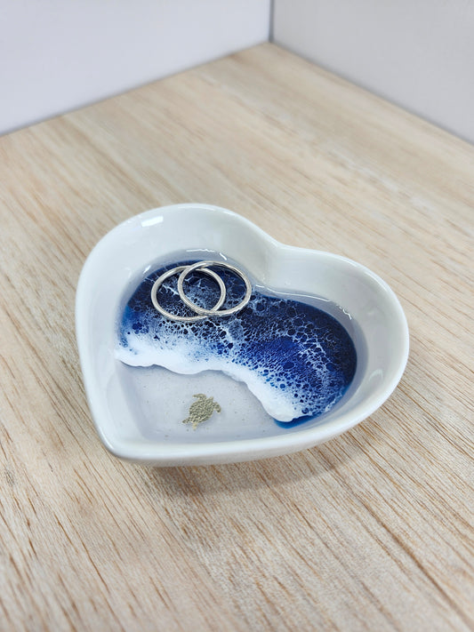 Pacific Blue Ceramic Ring Dish with Gold Turtle