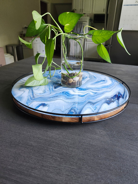 Blue and White Lazy Susan with metal rail