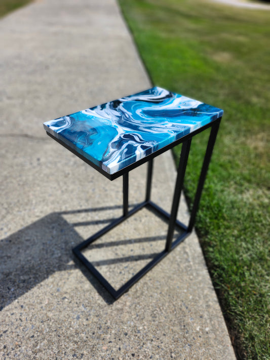 Teal and White Swirled "C" Table with black base