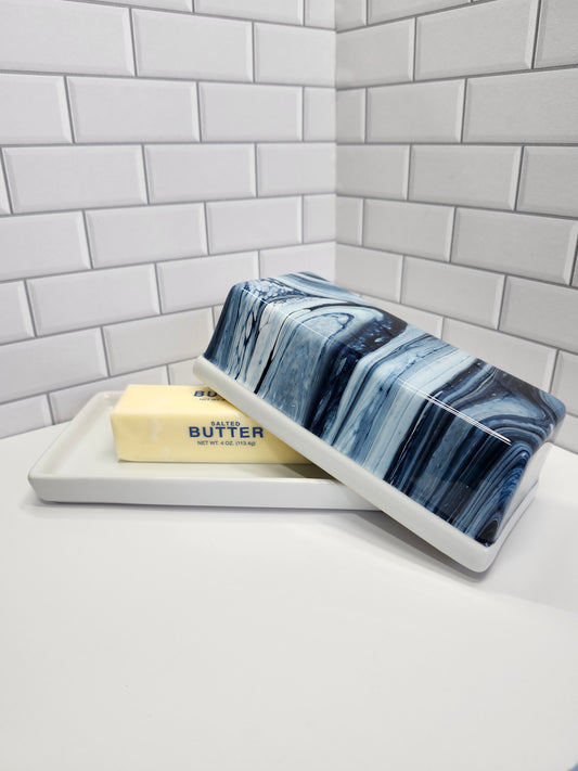 Navy Blue and White Ceramic Butter Dish