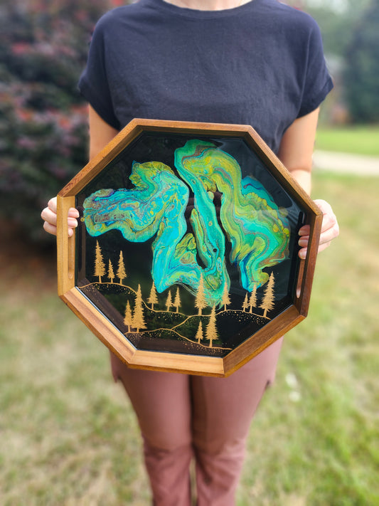 Octagon Serving Tray (Small) | Breakfast in Bed Tray | Aurora Borealis | Evergreen Forest | Coffee Table Tray | Gold Trees | Unique Nature-Themed