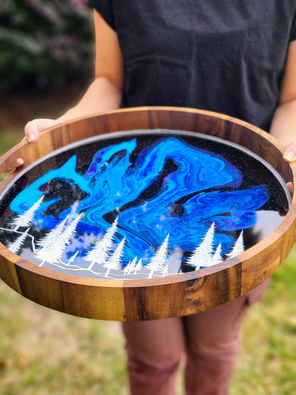 Round Serving Tray (Large) | Breakfast in Bed Tray | Aurora Borealis | Evergreen Forest | Coffee Table Tray | Unique Nature-Themed