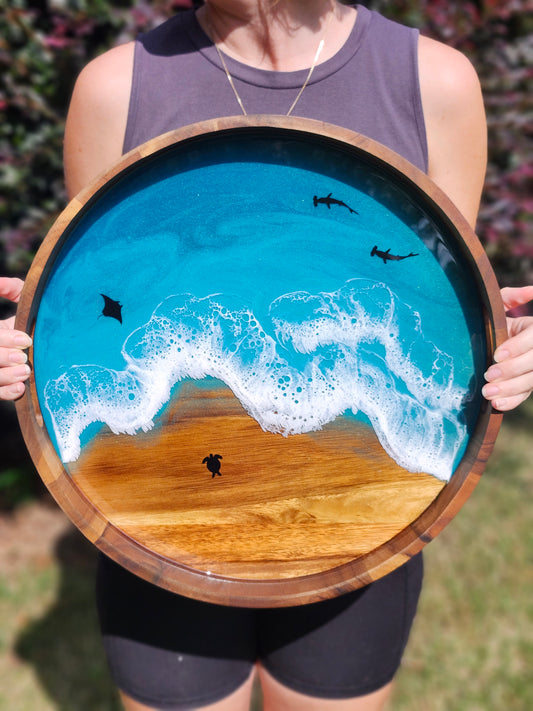 Round Serving Tray (Large) | Breakfast in Bed Tray | Caribbean Ocean | Coffee Table Tray | Sea Turtles, Rays, and Sharks | Unique Ocean-Themed