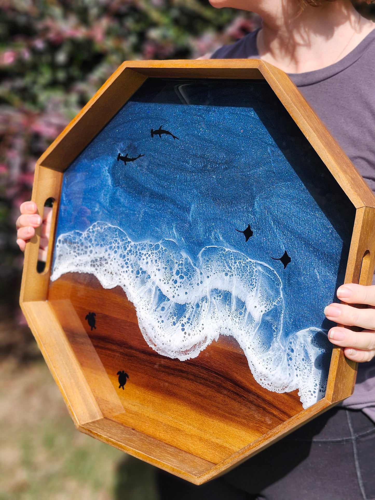 Octagon Serving Tray (Large) | Breakfast in Bed Tray | Stormy Ocean | Coffee Table Tray | Sea Turtles, Rays, and Sharks | Unique Ocean-Themed