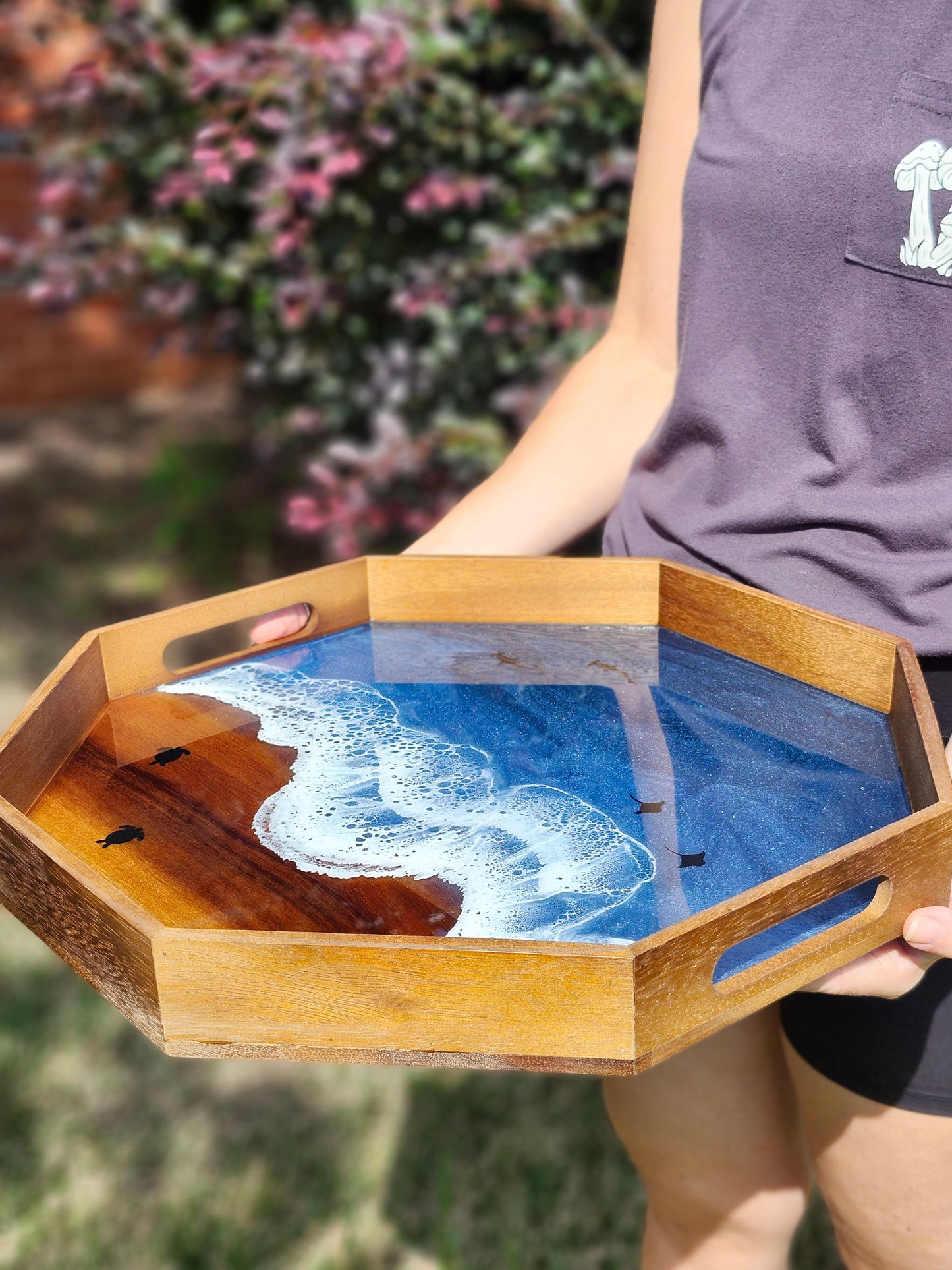 Octagon Serving Tray (Large) | Breakfast in Bed Tray | Stormy Ocean | Coffee Table Tray | Sea Turtles, Rays, and Sharks | Unique Ocean-Themed