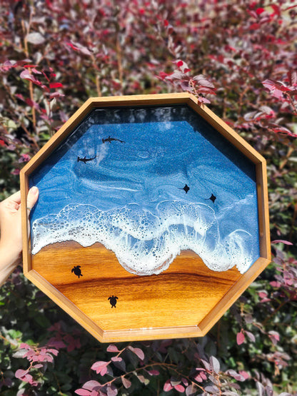 Octagon Serving Tray (Large) | Breakfast in Bed Tray | Stormy Ocean | Coffee Table Tray | Sea Turtles, Rays, and Sharks | Unique Ocean-Themed