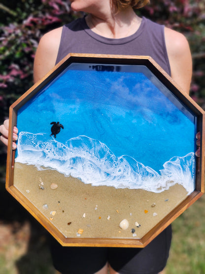 Octagon Sandy Beach Serving Tray (Large) | Breakfast in Bed Tray | Caribbean Ocean | Coffee Table Tray | Sea Turtles | Unique Ocean-Themed