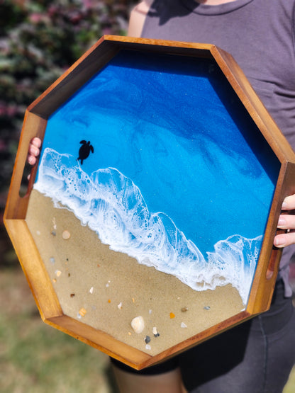 Octagon Sandy Beach Serving Tray (Large) | Breakfast in Bed Tray | Caribbean Ocean | Coffee Table Tray | Sea Turtles | Unique Ocean-Themed