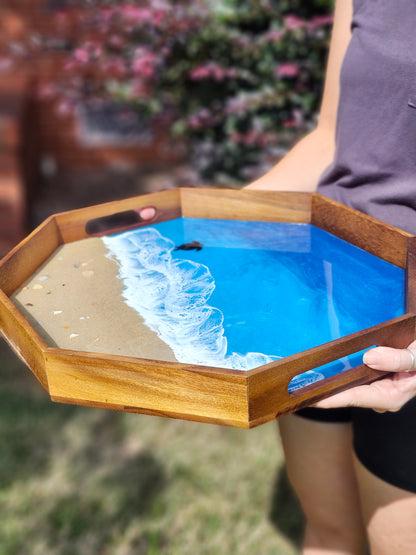 Octagon Sandy Beach Serving Tray (Large) | Breakfast in Bed Tray | Caribbean Ocean | Coffee Table Tray | Sea Turtles | Unique Ocean-Themed