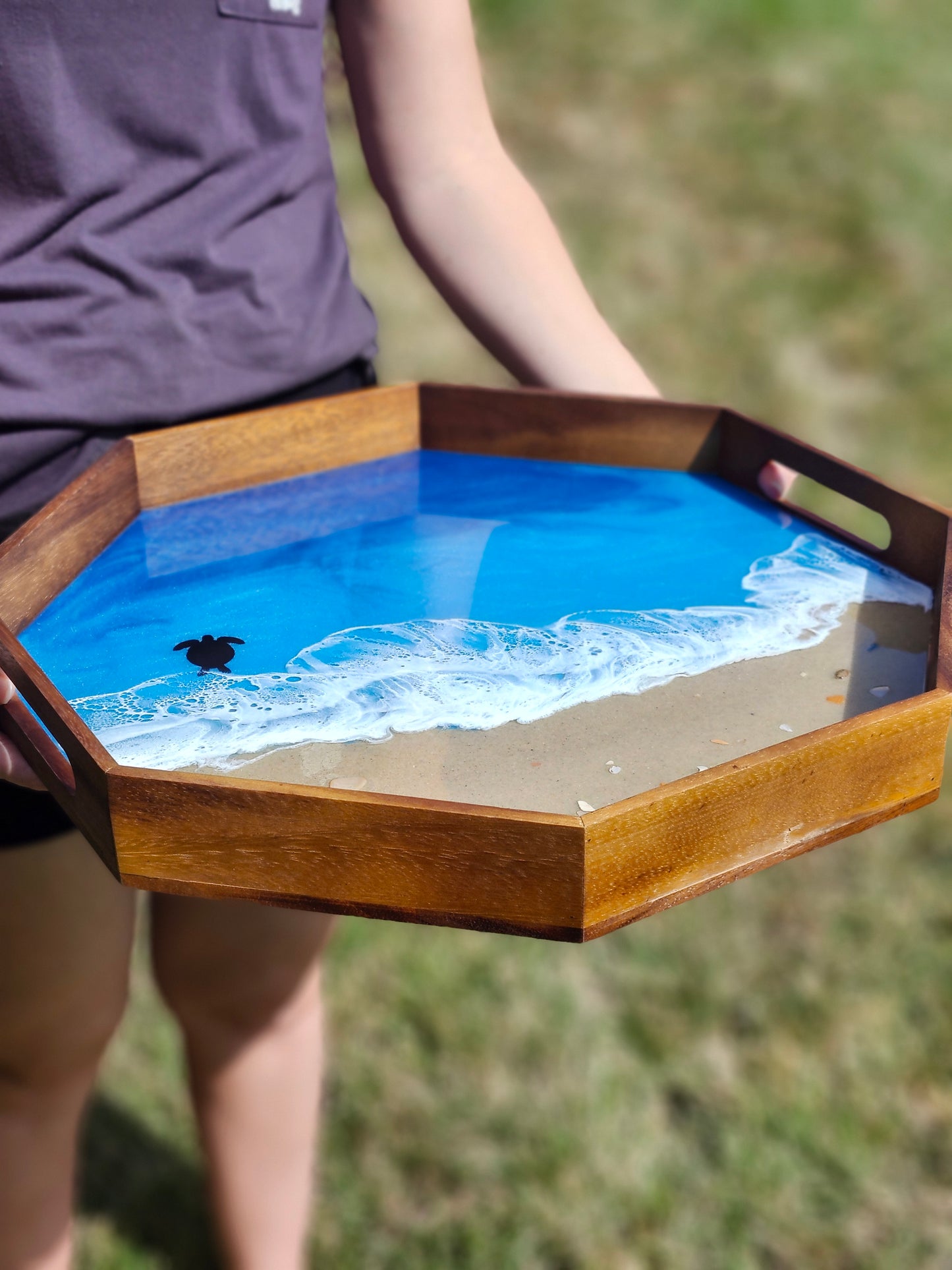 Octagon Sandy Beach Serving Tray (Large) | Breakfast in Bed Tray | Caribbean Ocean | Coffee Table Tray | Sea Turtles | Unique Ocean-Themed