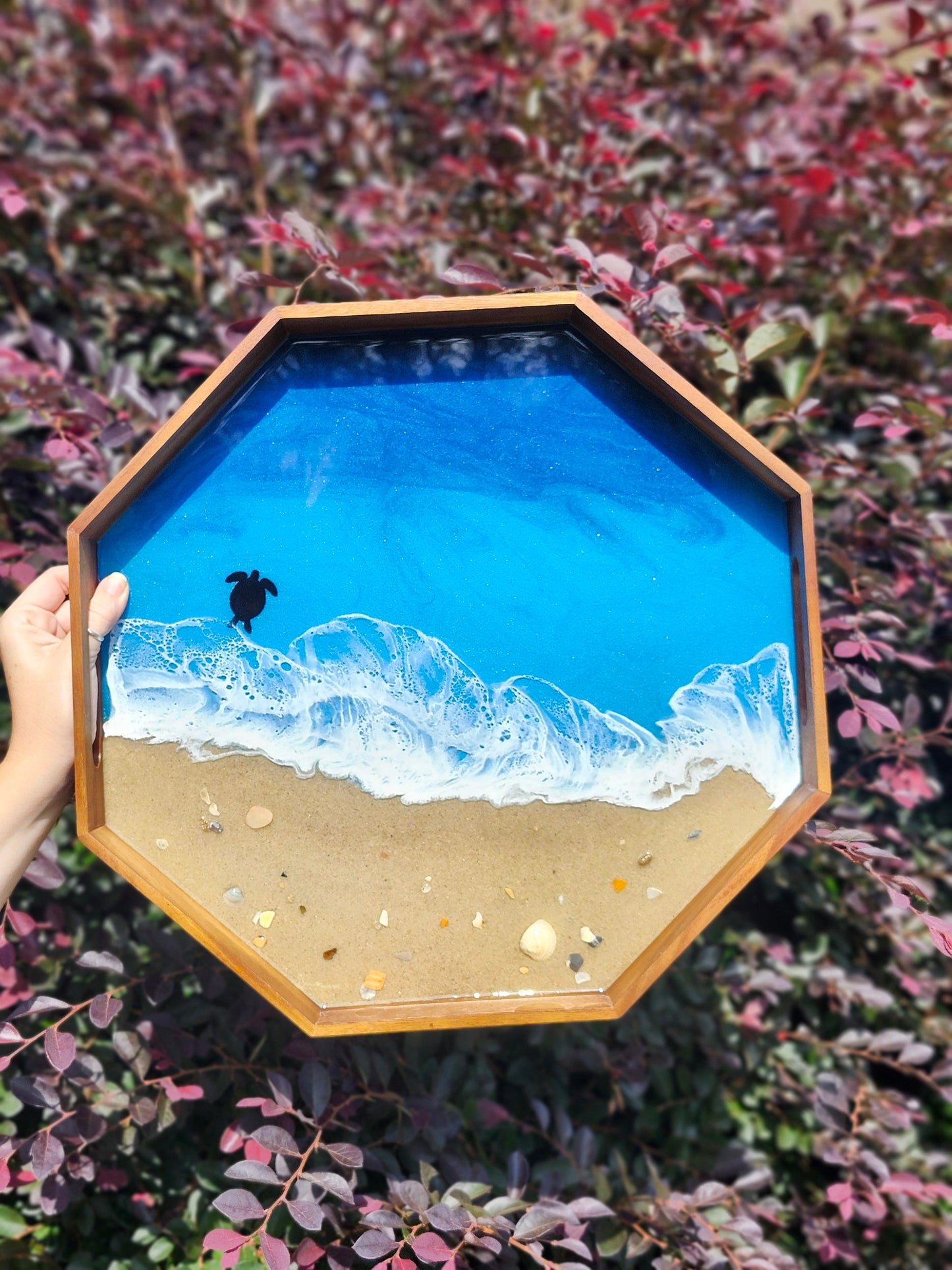 Octagon Sandy Beach Serving Tray (Large) | Breakfast in Bed Tray | Caribbean Ocean | Coffee Table Tray | Sea Turtles | Unique Ocean-Themed