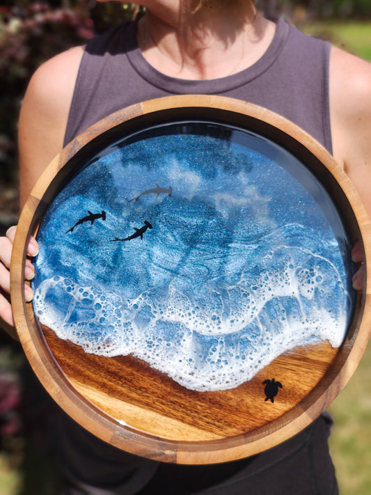 Round Serving Tray (Small) | Breakfast in Bed Tray | Stormy Ocean | Coffee Table Tray | Sea Turtles and Sharks | Unique Ocean-Themed