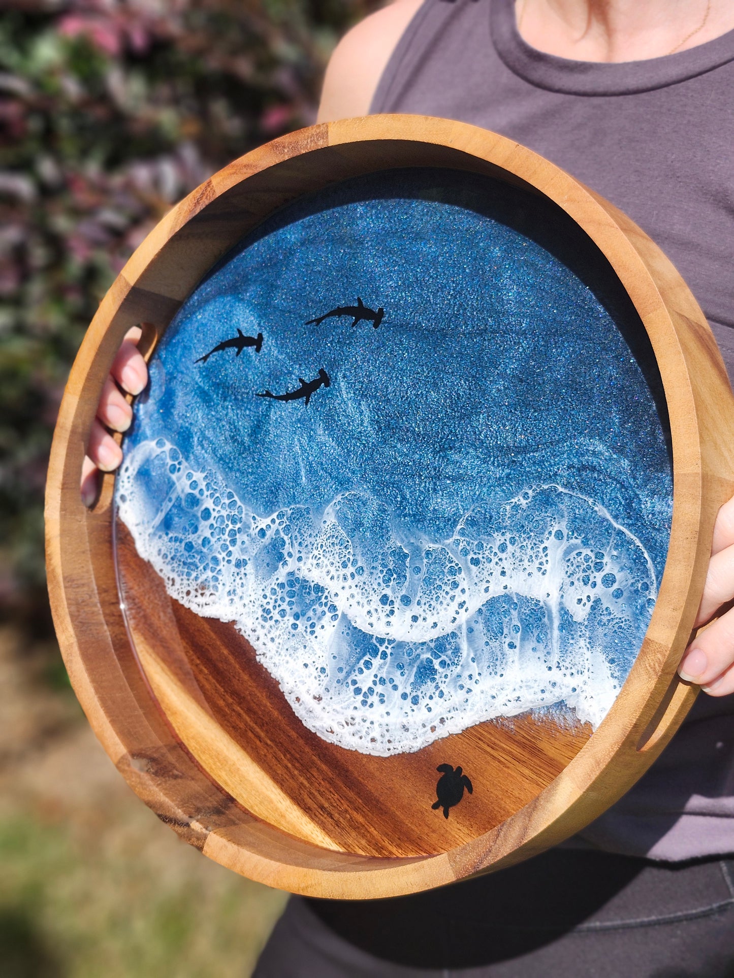 Round Serving Tray (Small) | Breakfast in Bed Tray | Stormy Ocean | Coffee Table Tray | Sea Turtles and Sharks | Unique Ocean-Themed