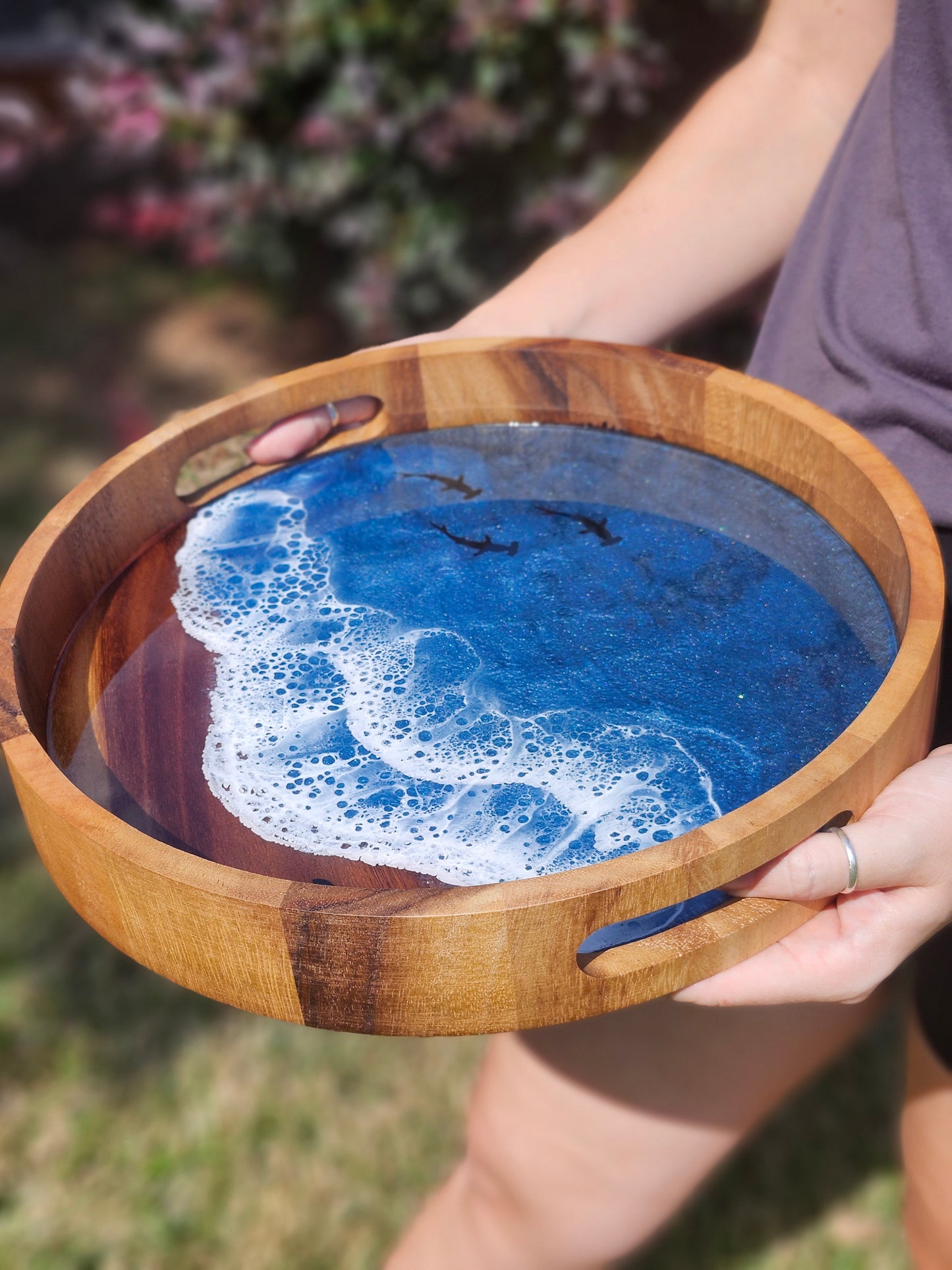 Round Serving Tray (Small) | Breakfast in Bed Tray | Stormy Ocean | Coffee Table Tray | Sea Turtles and Sharks | Unique Ocean-Themed