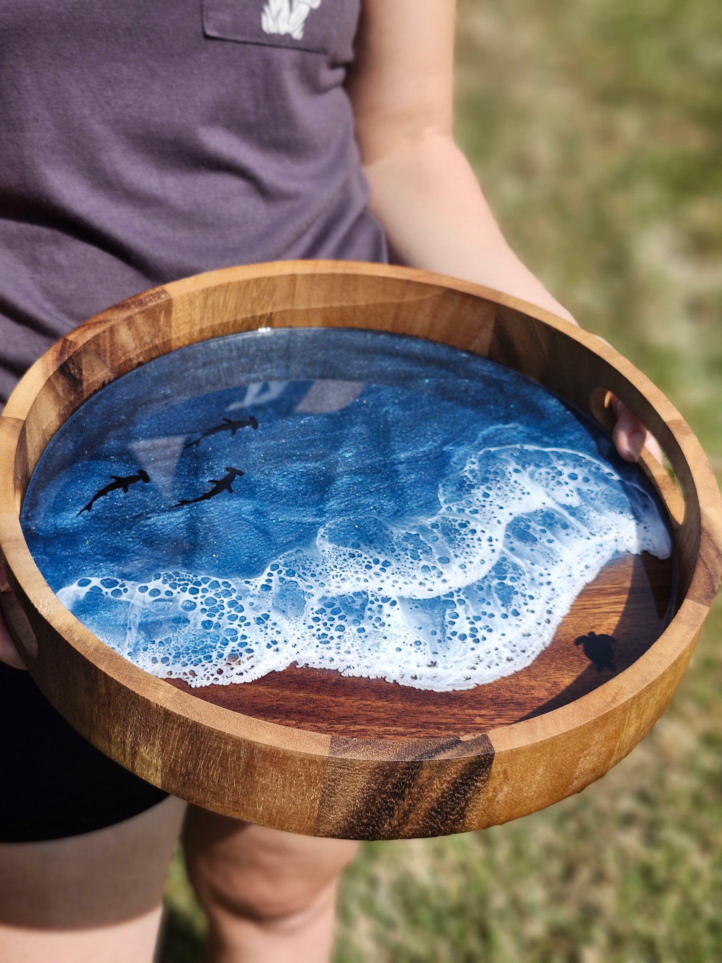 Round Serving Tray (Small) | Breakfast in Bed Tray | Stormy Ocean | Coffee Table Tray | Sea Turtles and Sharks | Unique Ocean-Themed