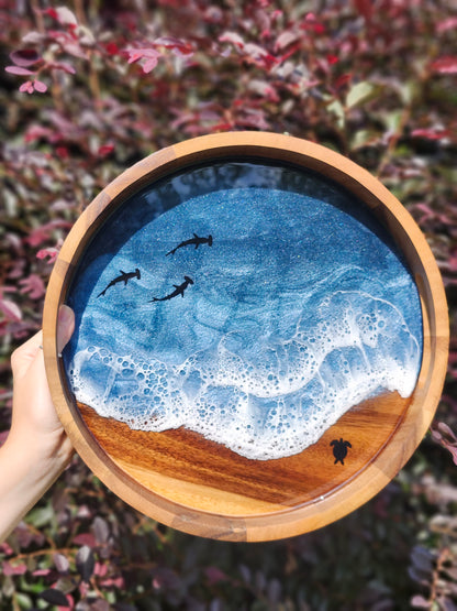 Round Serving Tray (Small) | Breakfast in Bed Tray | Stormy Ocean | Coffee Table Tray | Sea Turtles and Sharks | Unique Ocean-Themed