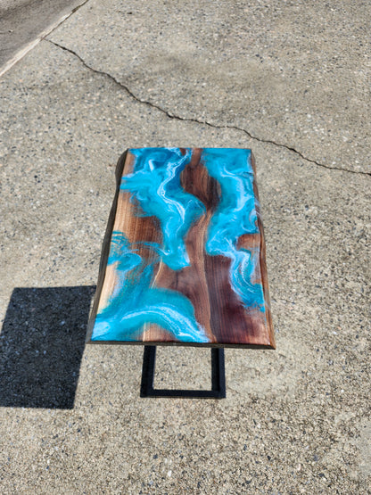 Black Walnut Aqua Swirl "C" Table, double live edge, with outlets