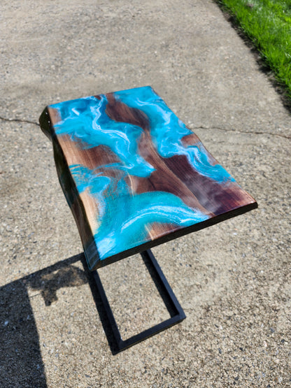Black Walnut Aqua Swirl "C" Table, double live edge, with outlets