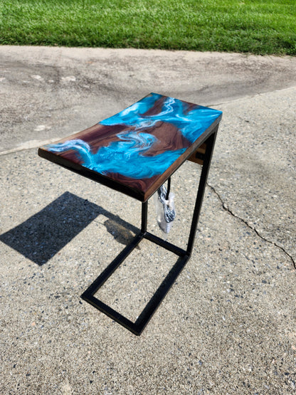 Black Walnut Aqua Swirl "C" Table, single live edge, with outlets