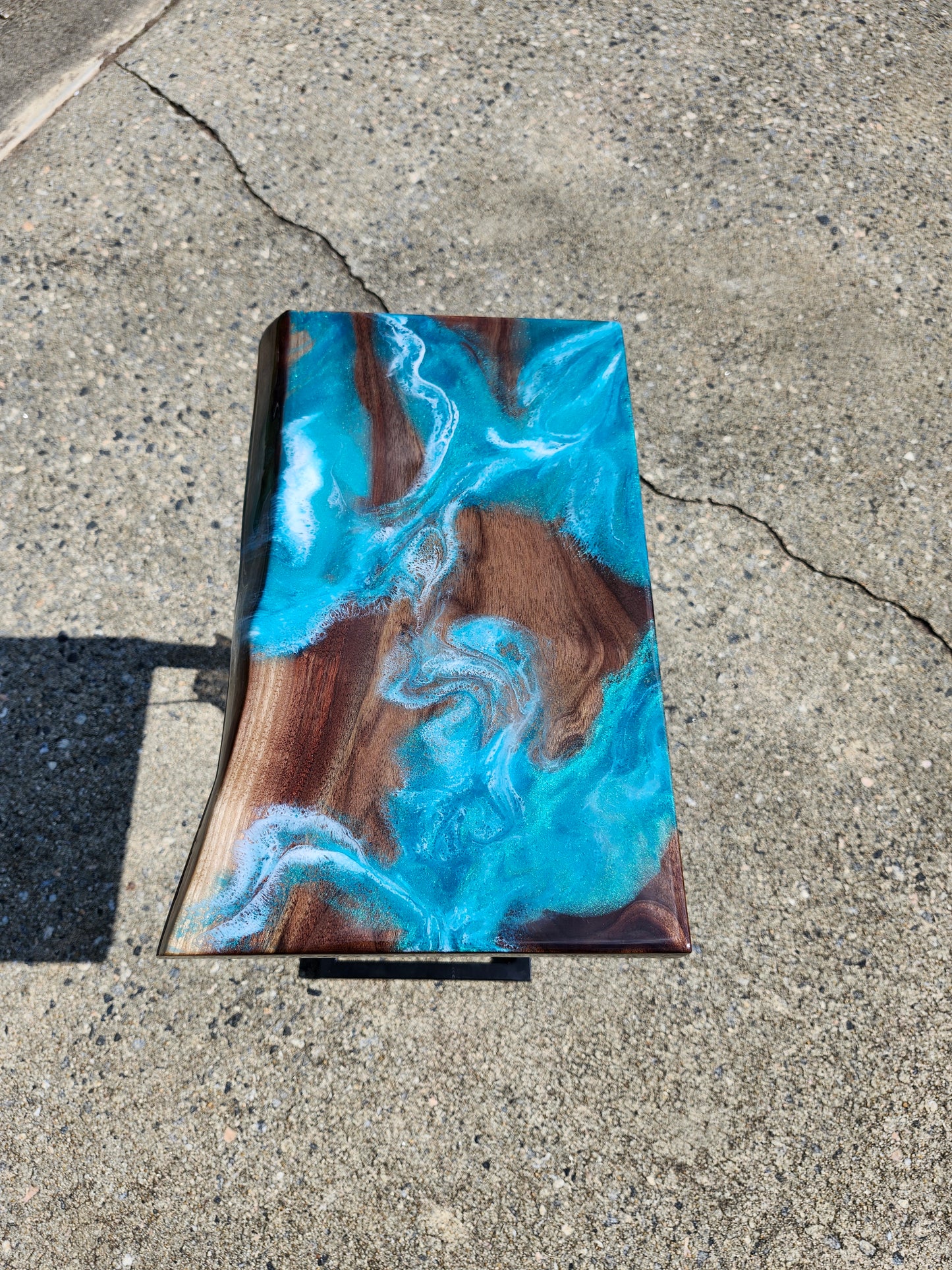 Black Walnut Aqua Swirl "C" Table, single live edge, with outlets