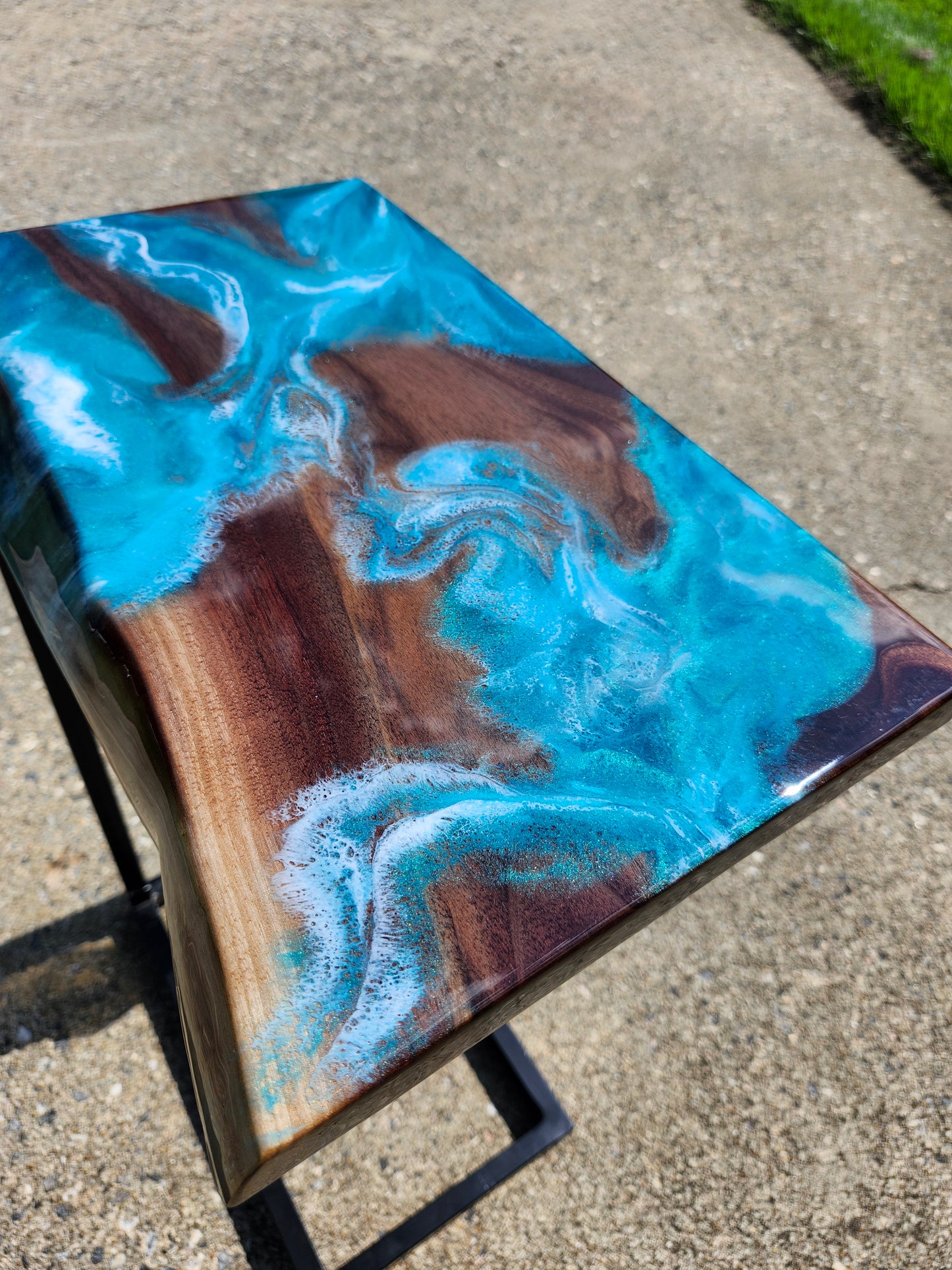 Black Walnut Aqua Swirl "C" Table, single live edge, with outlets