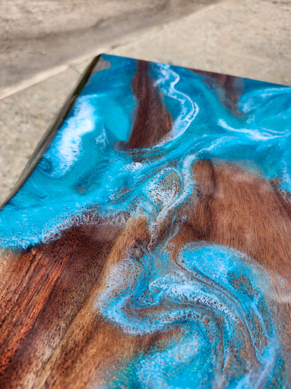 Black Walnut Aqua Swirl "C" Table, single live edge, with outlets