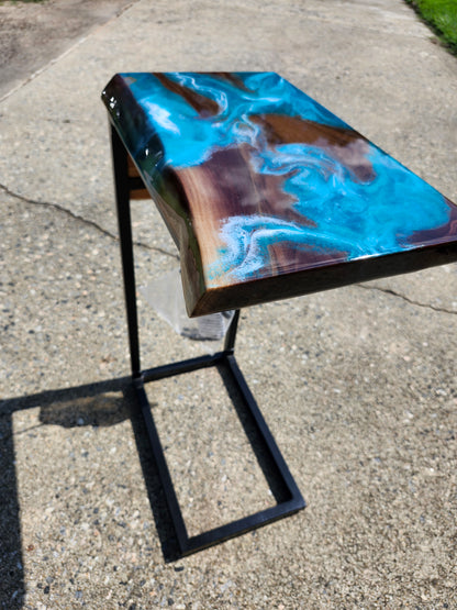 Black Walnut Aqua Swirl "C" Table, single live edge, with outlets