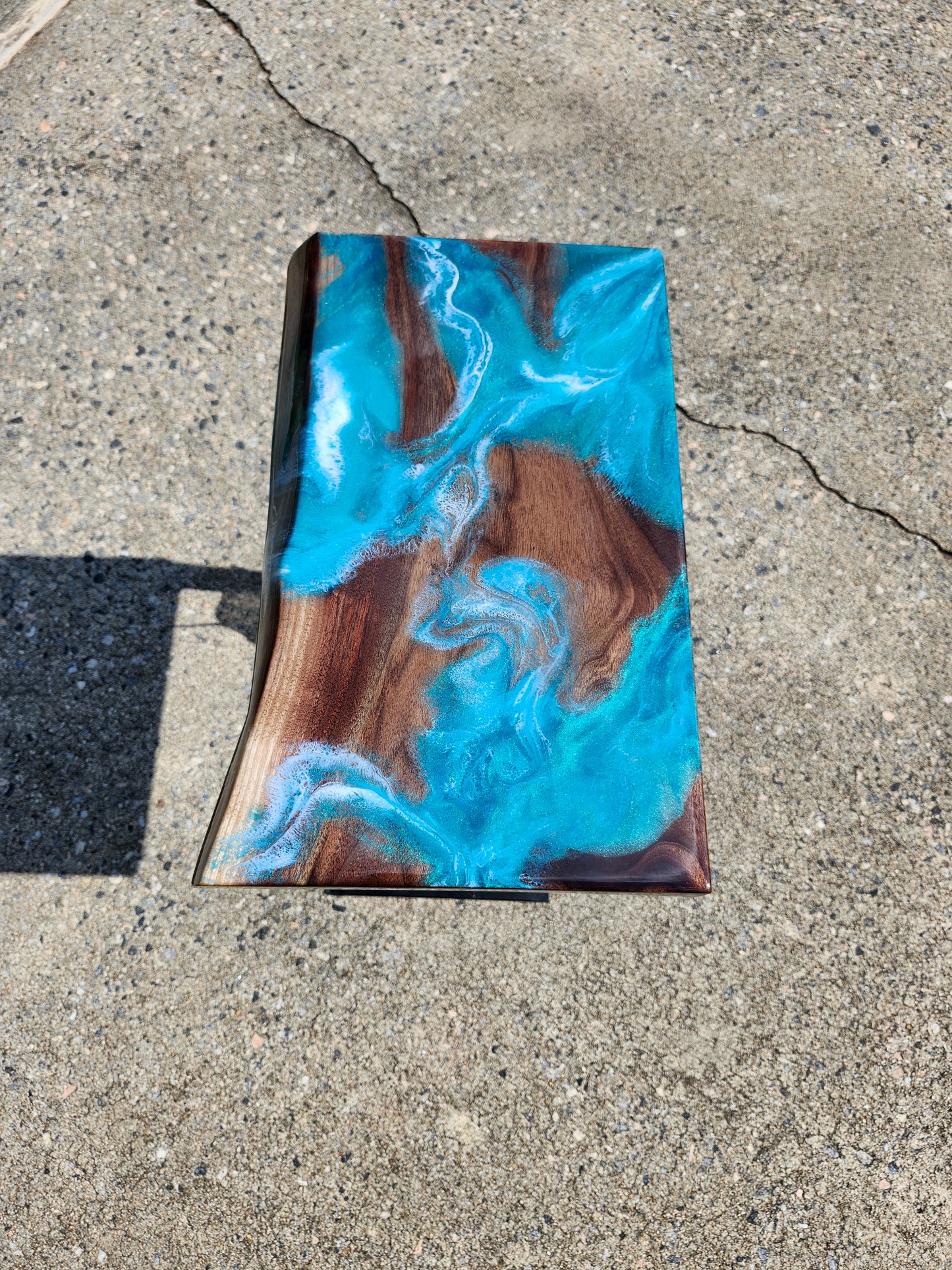 Black Walnut Aqua Swirl "C" Table, single live edge, with outlets
