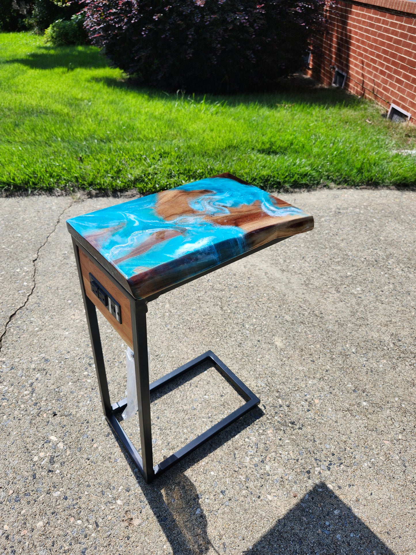Black Walnut Aqua Swirl "C" Table, single live edge, with outlets