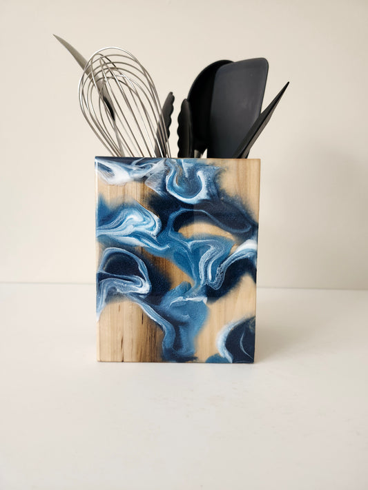 Utensil Holder with Navy Swirls