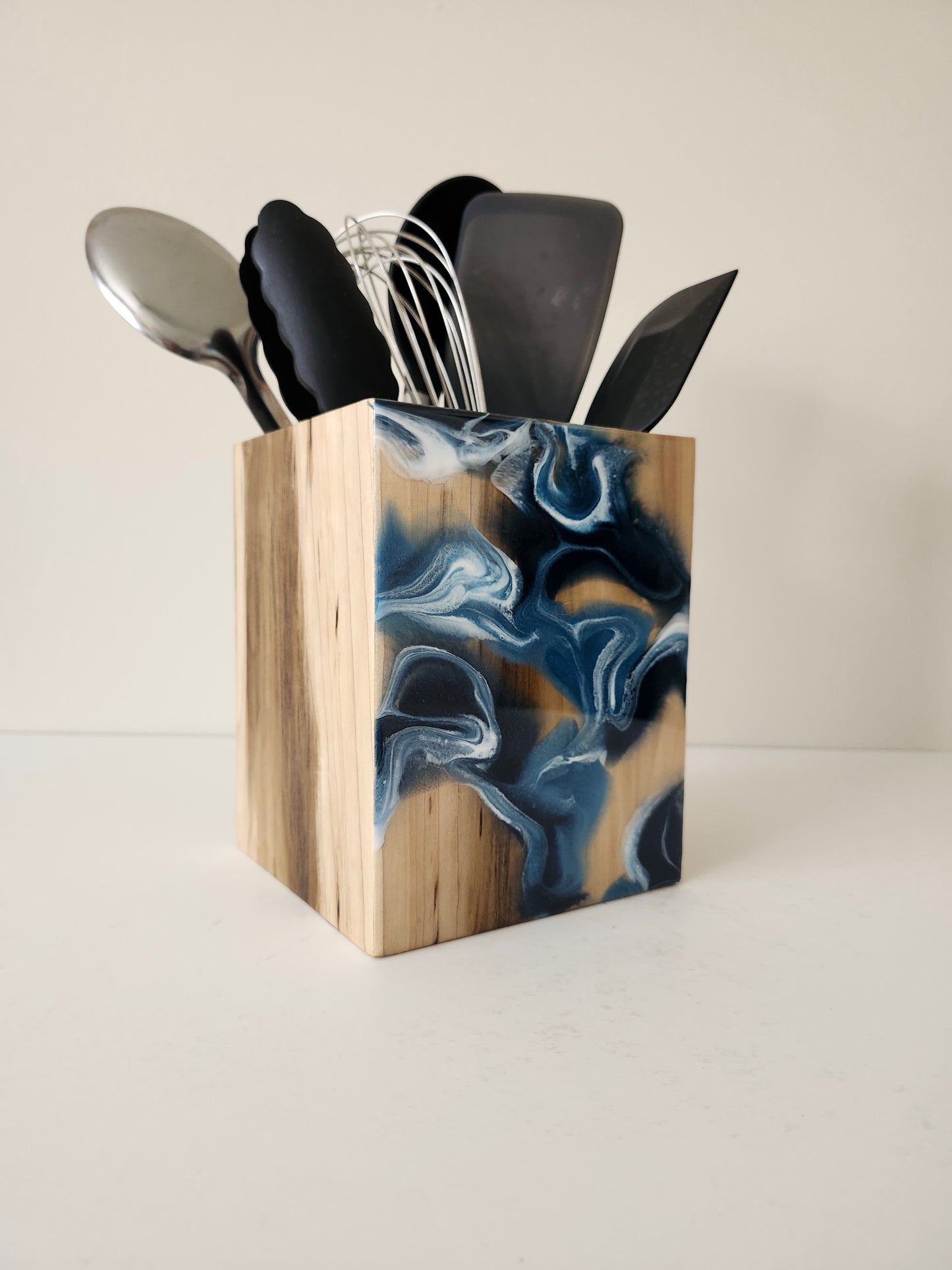 Utensil Holder with Navy Swirls