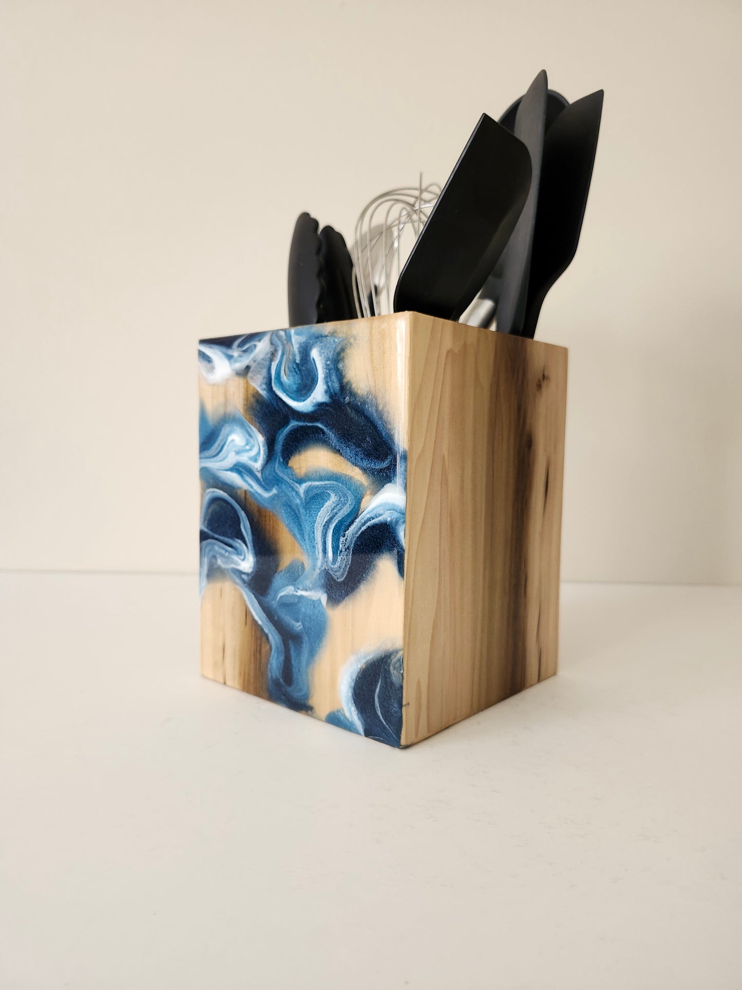 Utensil Holder with Navy Swirls