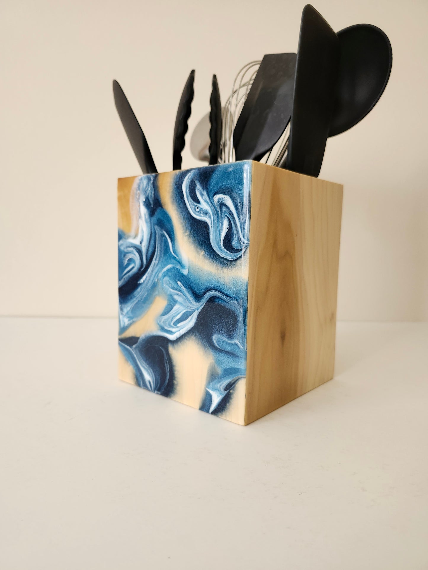 Utensil Holder with Navy Swirls