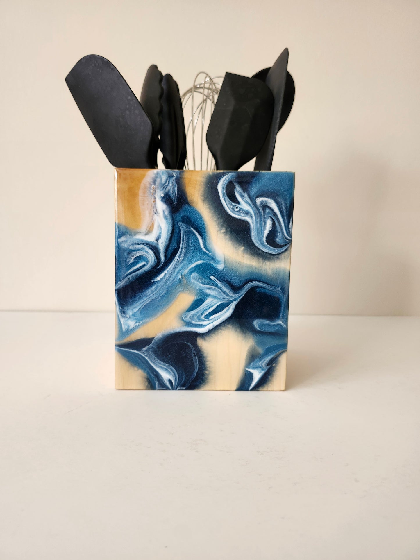 Utensil Holder with Navy Swirls