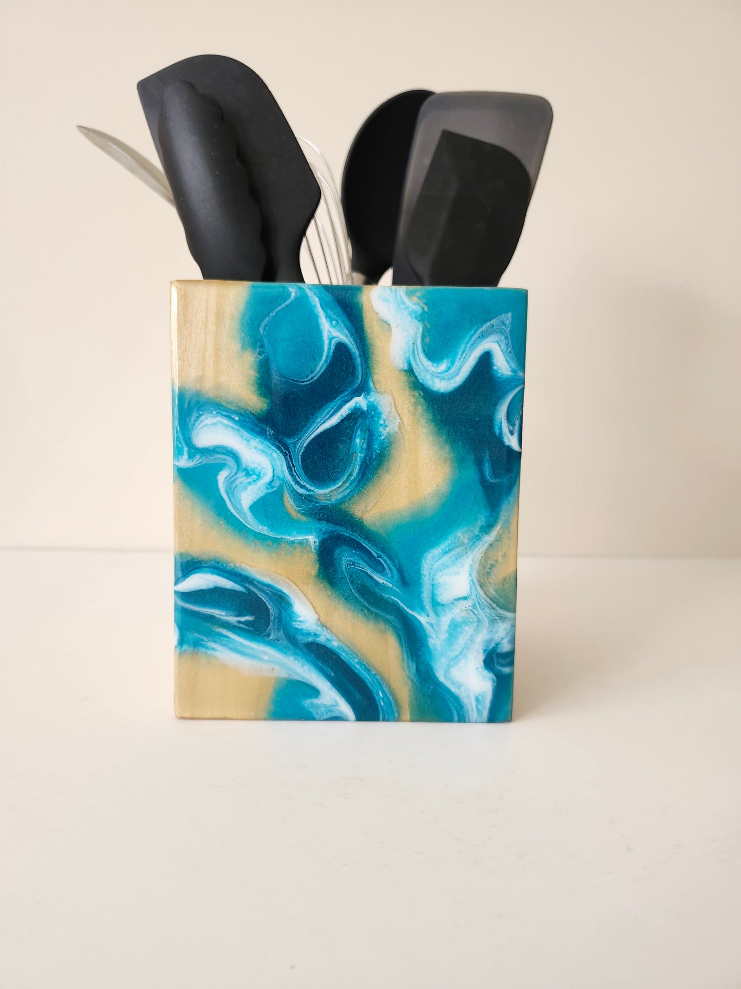 Utensil Holder with Aqua Swirls