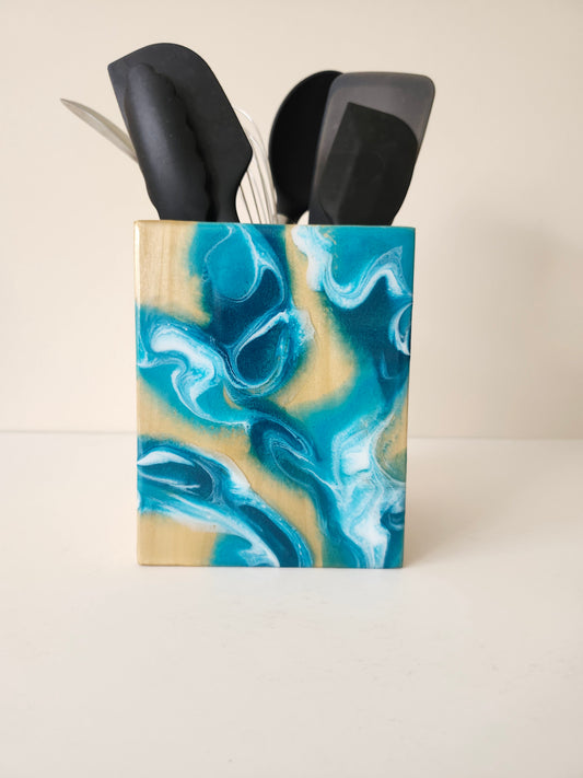 Utensil Holder with Aqua Swirls