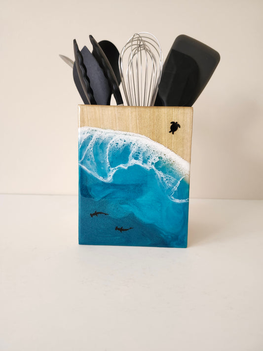 Utensil Holder with Turtle and Sharks| Caribbean Ocean