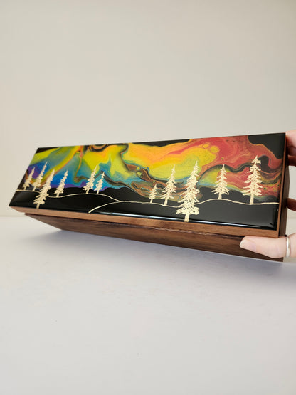 Aurora Inspired Tea Box (rainbow sky, gold trees)
