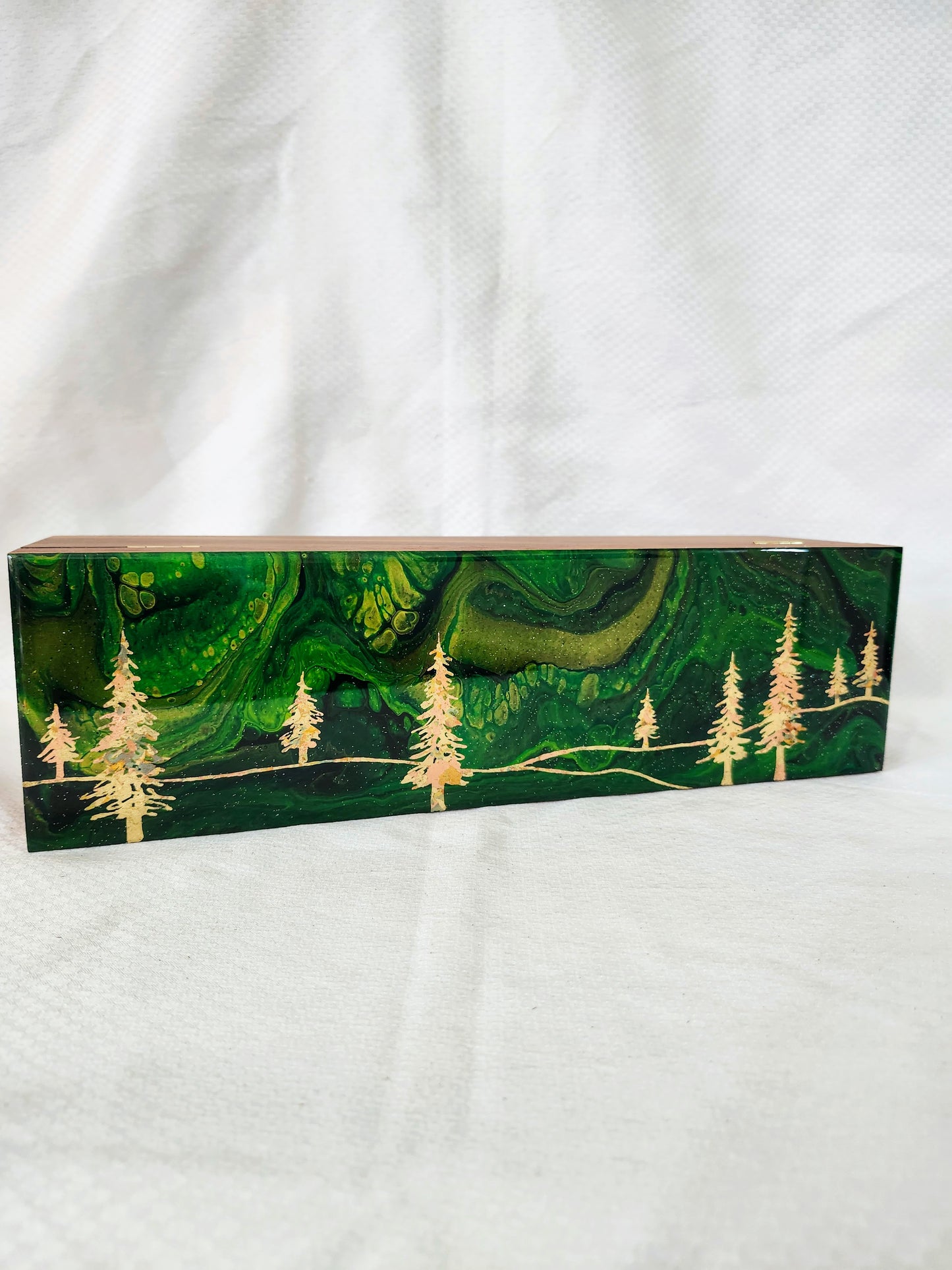 Aurora Inspired Tea Box (green sky gold trees)